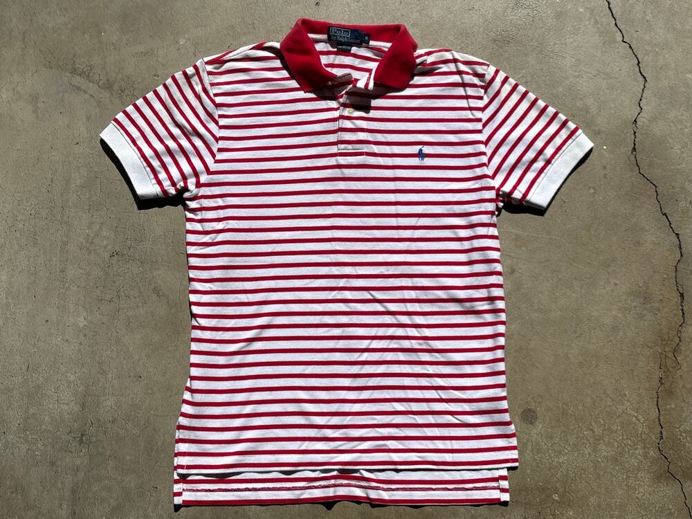 Y2K Polo Ralph Lauren Medium red white striped 1/4 button shirt 100% cotton